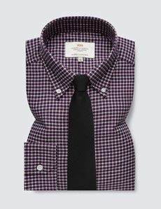 Burgundy & White Brushed Cotton Medium Check Shirt With Button Down Collar-preview5