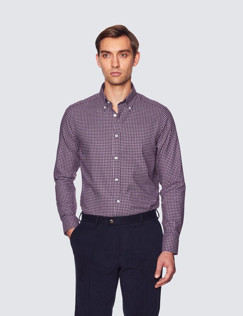 Burgundy & White Brushed Cotton Medium Check Shirt With Button Down Collar  | Hawes & Curtis