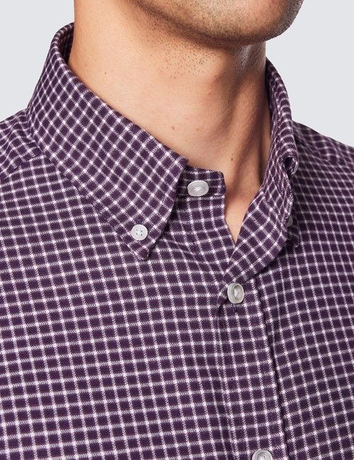 Burgundy & White Brushed Cotton Medium Check Shirt With Button Down Collar-preview