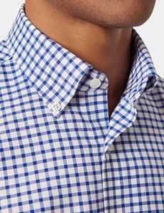 Regular Fit Royal Blue & White Grid Check Pin Point Washed Oxford Shirt