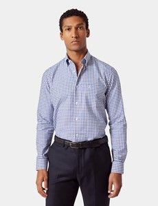 Regular Fit Royal Blue & White Grid Check Pin Point Washed Oxford Shirt