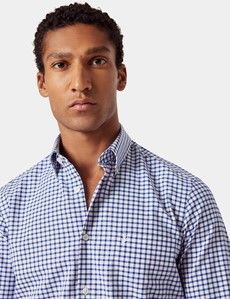 Regular Fit Royal Blue & White Grid Check Pin Point Washed Oxford Shirt