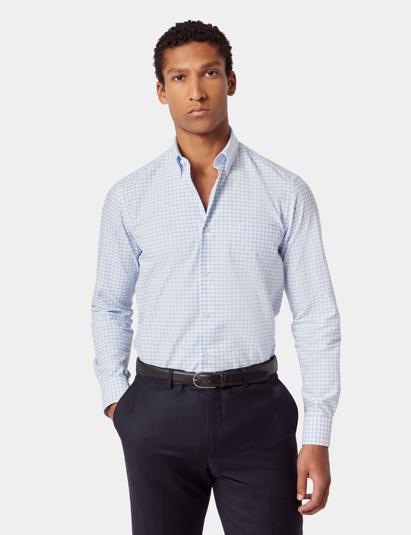 Regular Fit Light Blue & White Grid Check Pin Point Washed Oxford Shirt