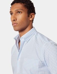 Regular Fit Light Blue & White Grid Check Pin Point Washed Oxford Shirt