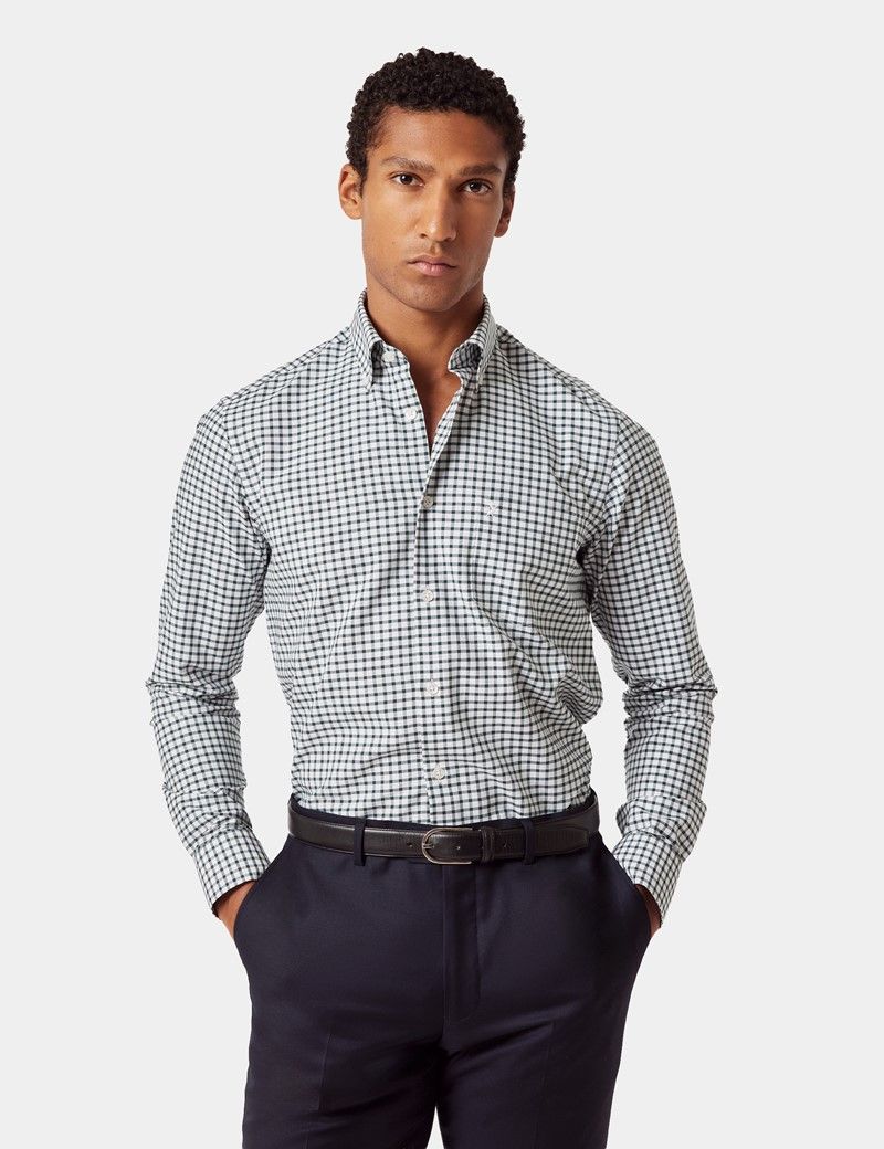 Regular Fit Green & White Grid Check Pin Point Washed Oxford Shirt