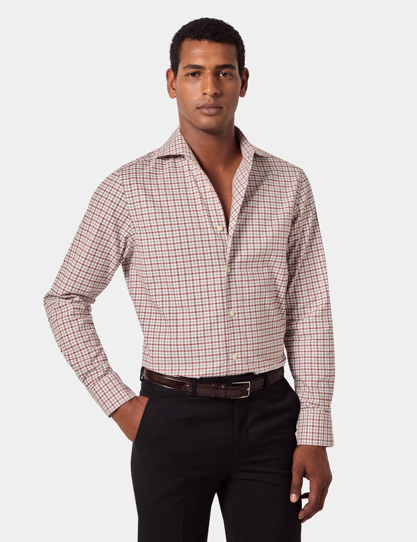 Slim Fit Grey & Burgundy Grid Check Shirt