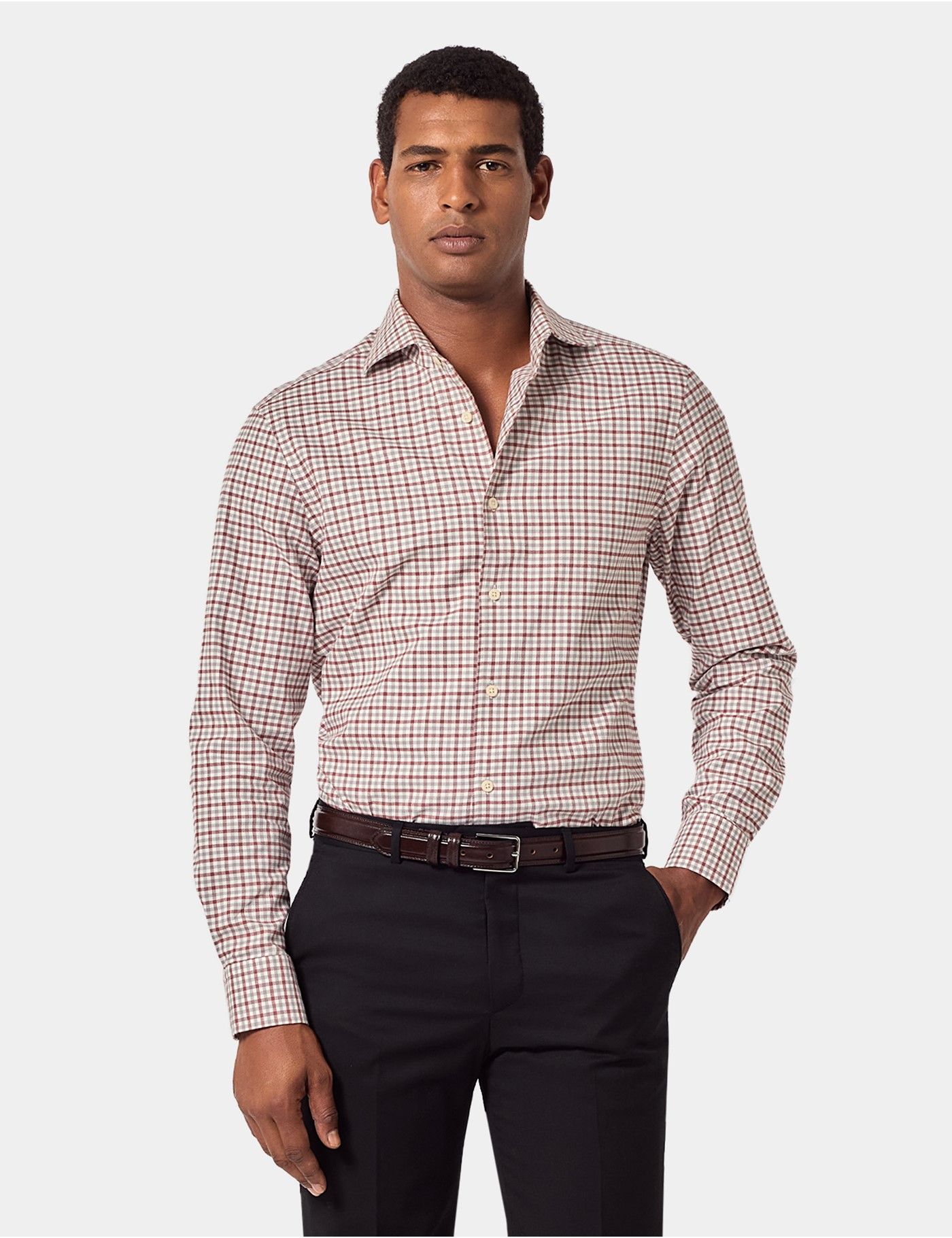 Hawes & Curtis Slim Fit Grey & Burgundy Grid Check Shirt | Grey/Burgundy | Cotton | Plaid