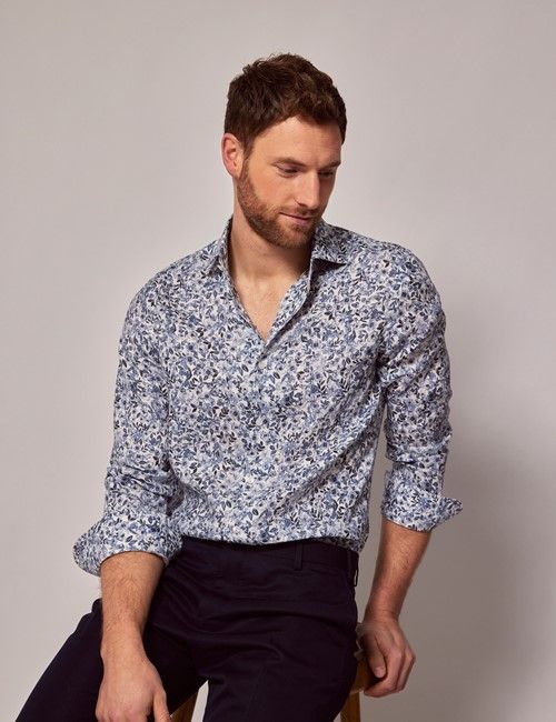Blue & White Ditsy Floral Linen Slim Shirt - Full Cutaway Collar