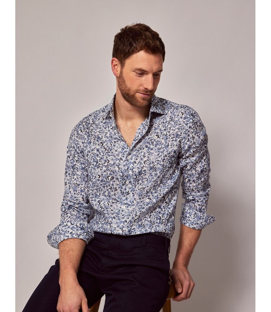 Blue & White Ditsy Floral Linen Slim Shirt - Full Cutaway Collar