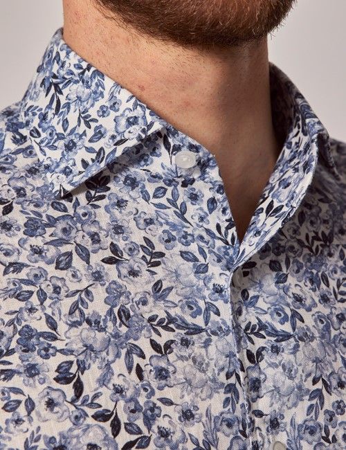 Blue & White Ditsy Floral Linen Slim Shirt - Full Cutaway Collar-preview
