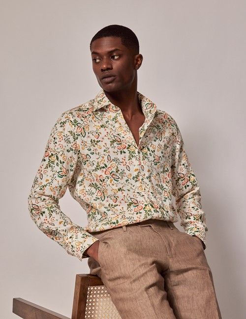 Cream & Green Floral Slim Shirt - Full Cutaway Collar