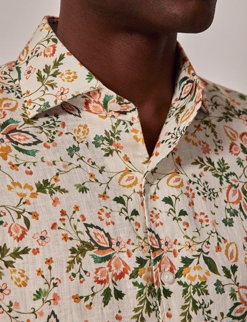 Cream & Green Floral Slim Shirt - Full Cutaway Collar-preview