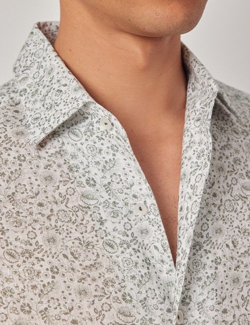 Sage & White Floral Pure Linen Slim Shirt - One Piece Collar - Full Cutaway-preview