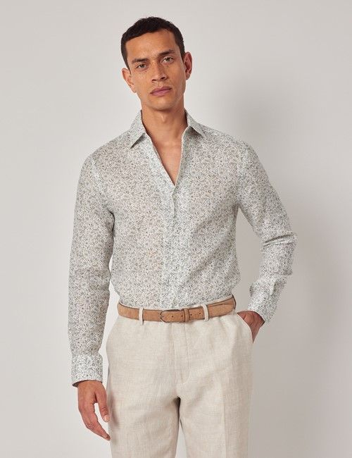 Sage & White Floral Pure Linen Slim Shirt - One Piece Collar - Full Cutaway