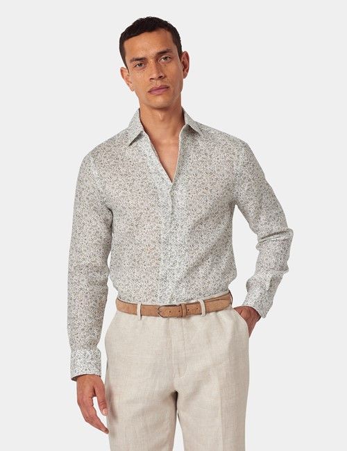 Sage & White Floral Pure Linen Slim Shirt - One Piece Collar - Full Cutaway
