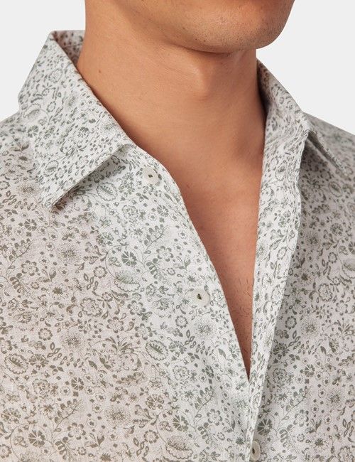 Sage & White Floral Pure Linen Slim Shirt - One Piece Collar - Full Cutaway-preview