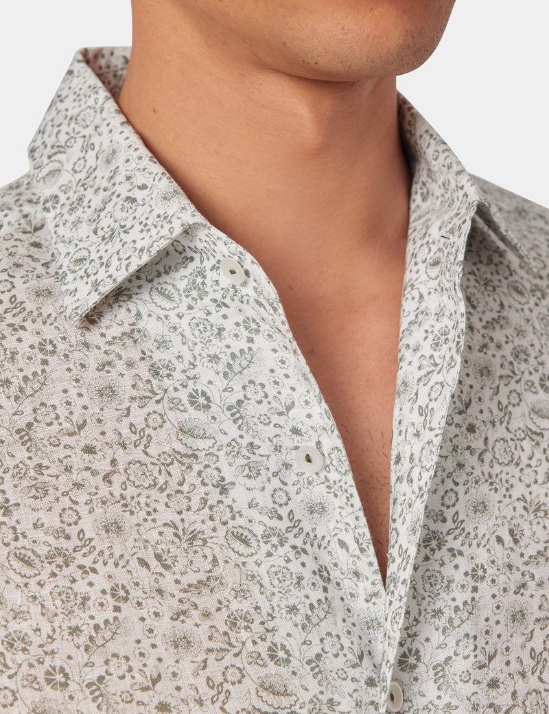 Slim Fit Sage & White Floral Shirt - One Piece Collar-preview