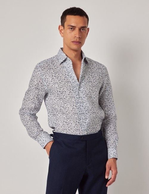 Navy & White Floral Pure Linen Slim Shirt - One Piece Collar - Full Cutaway