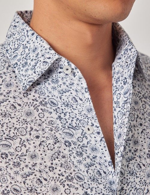 Navy & White Floral Pure Linen Slim Shirt - One Piece Collar - Full Cutaway-preview