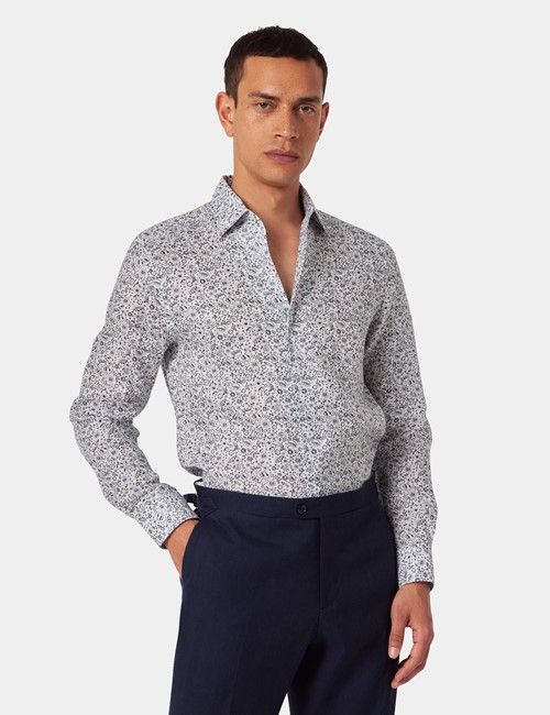 Slim Fit Navy & White Floral Shirt - One Piece Collar