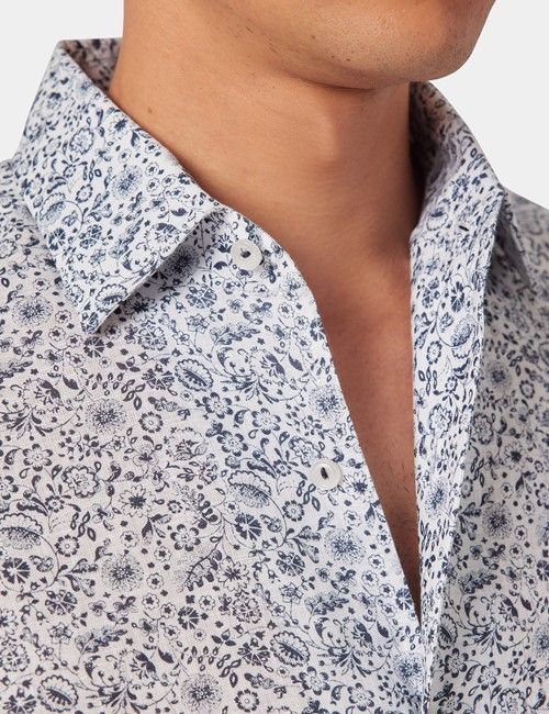 Slim Fit Navy & White Floral Shirt - One Piece Collar-preview