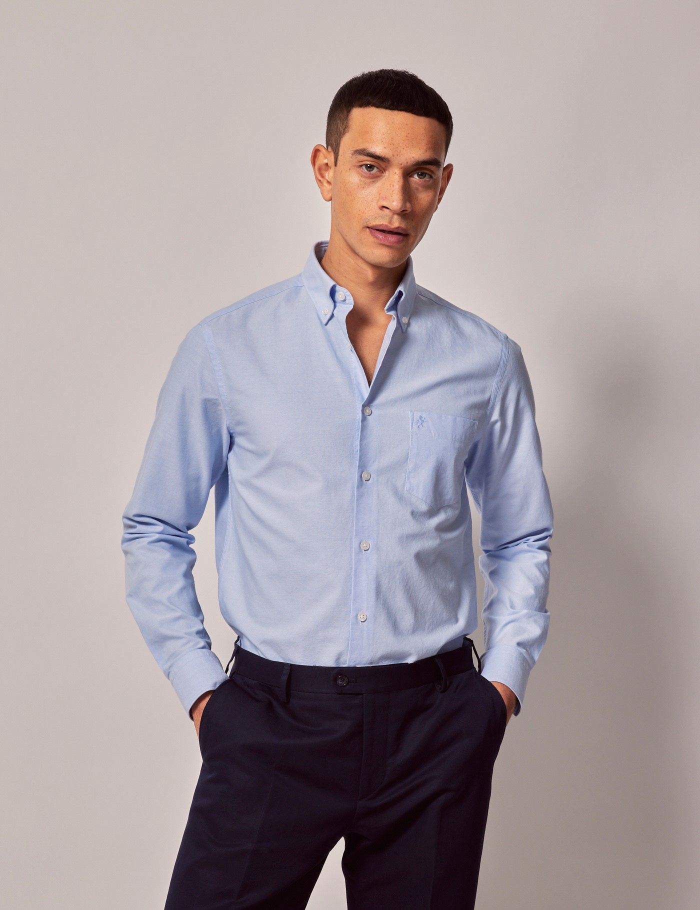 Men s Light Blue Washed Oxford Shirt Button Down Collar Hawes And 