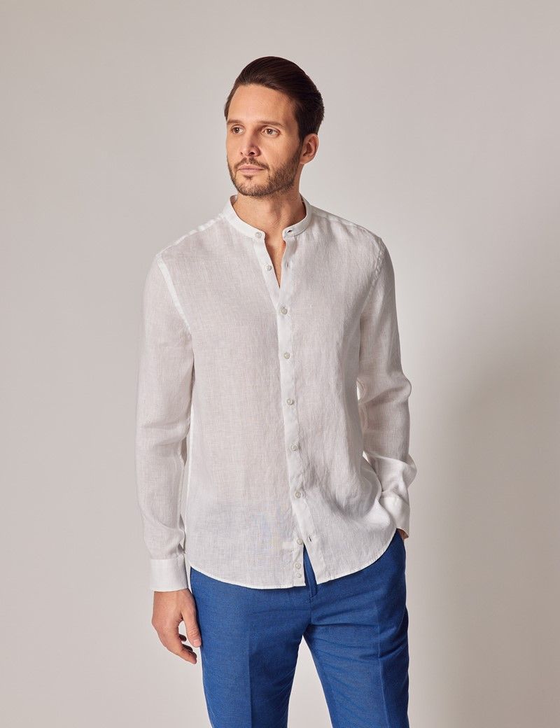 Men's White Collarless Linen Shirt