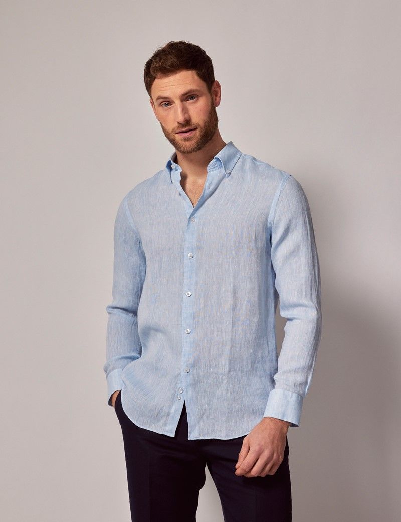 Men's Light Blue Linen Slim Shirt - Button Down Collar | Hawes & Curtis