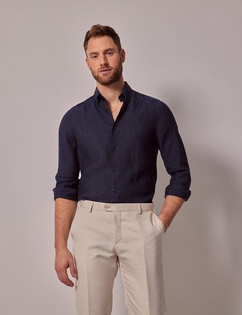 Navy Linen Slim Shirt - Button Down Collar