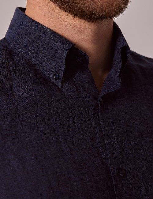 Navy Linen Slim Shirt - Button Down Collar-preview