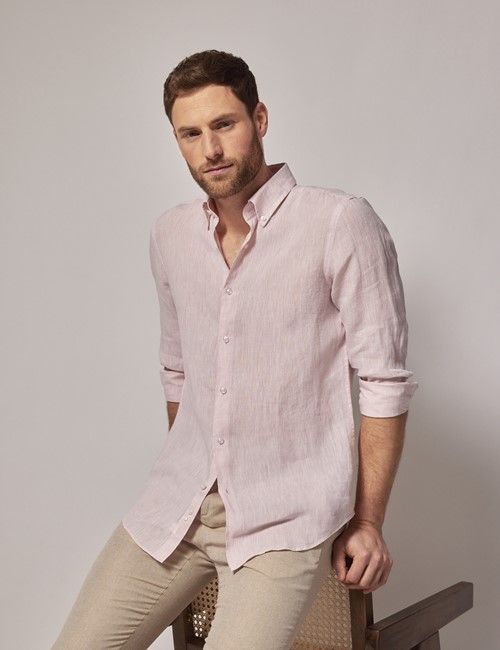 Pink Linen Slim Shirt - Button Down Collar