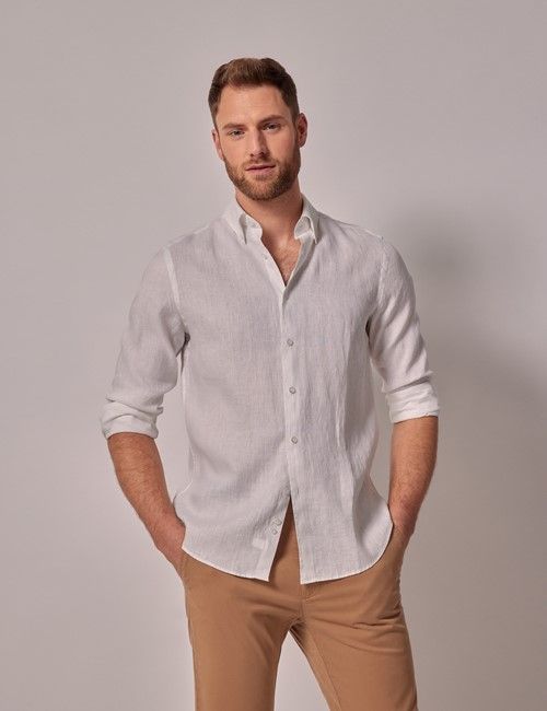 White Linen Slim Shirt - Button Down Collar