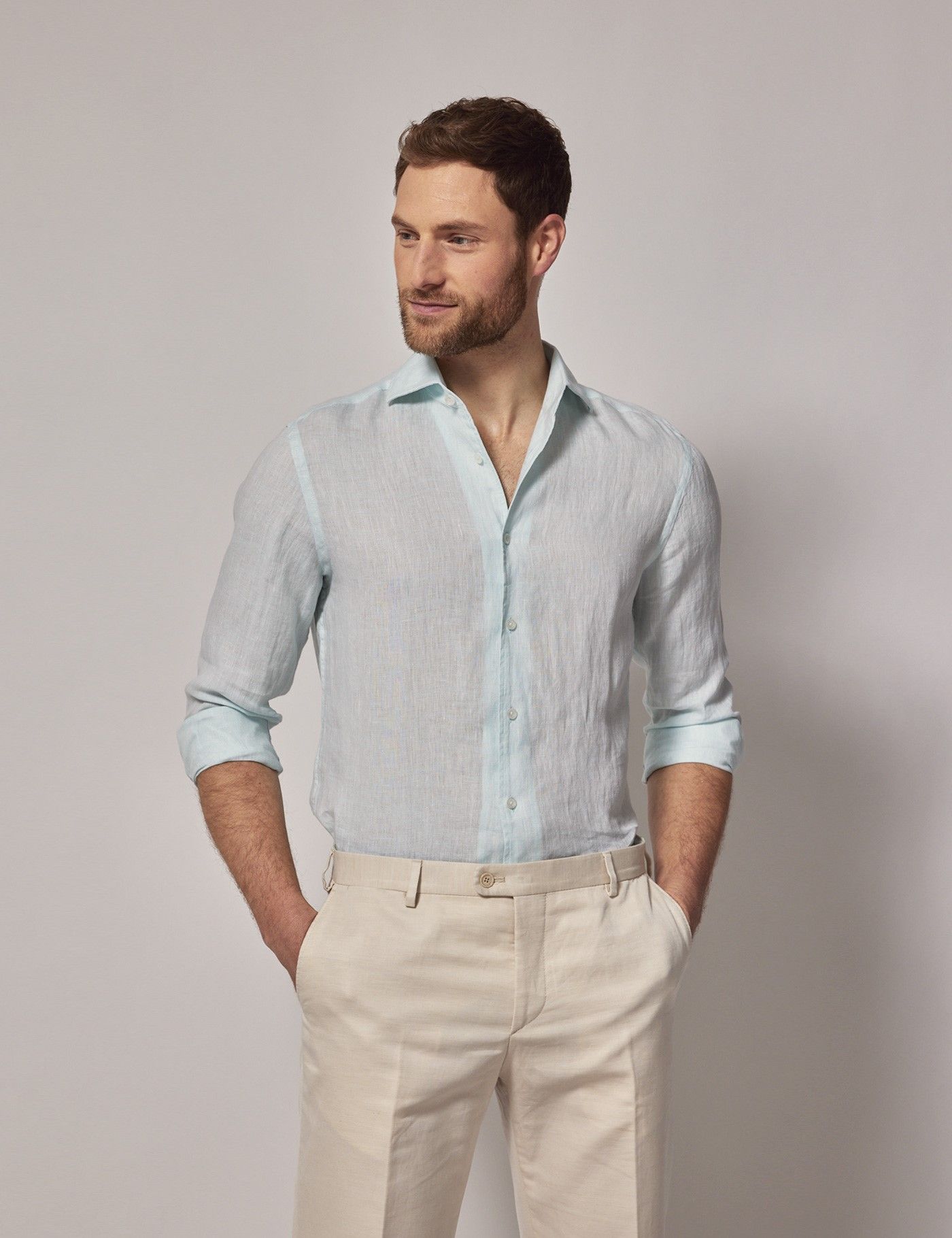 Men's Mint Linen Slim Shirt - Full Cutaway Collar | Hawes & Curtis