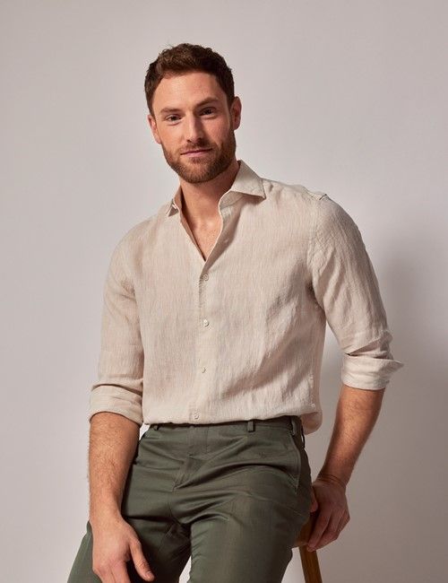 Stone Linen Slim Shirt - Full Cutaway Collar