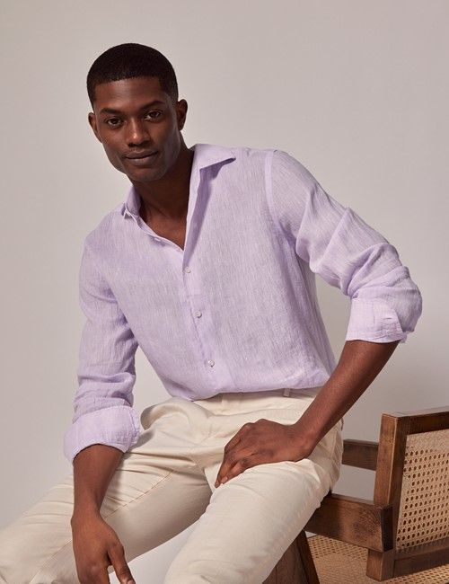 Lilac Linen Slim Shirt - Full Cutaway Collar