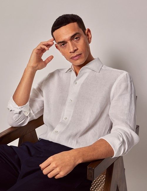 White Linen Slim Shirt - Full Cutaway Collar