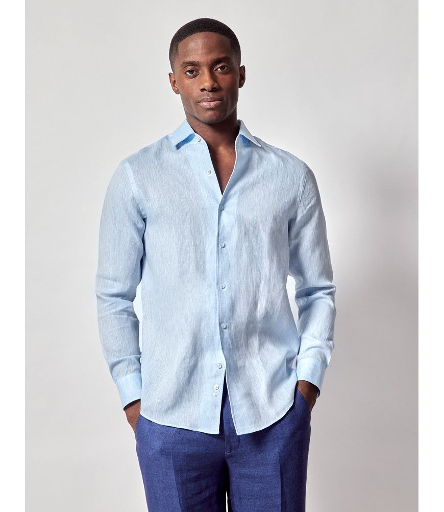 Men's Light Blue Pure Linen Slim Shirt - One Piece Collar - Full Cutaway | Hawes & Curtis Men's Light Blue Pure Linen Slim Shirt - One Piece Collar - Full Cutaway | Hawes & Curtis