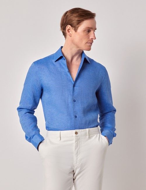 Mid Blue Pure Linen Slim Shirt - One Piece Collar - Full Cutaway
