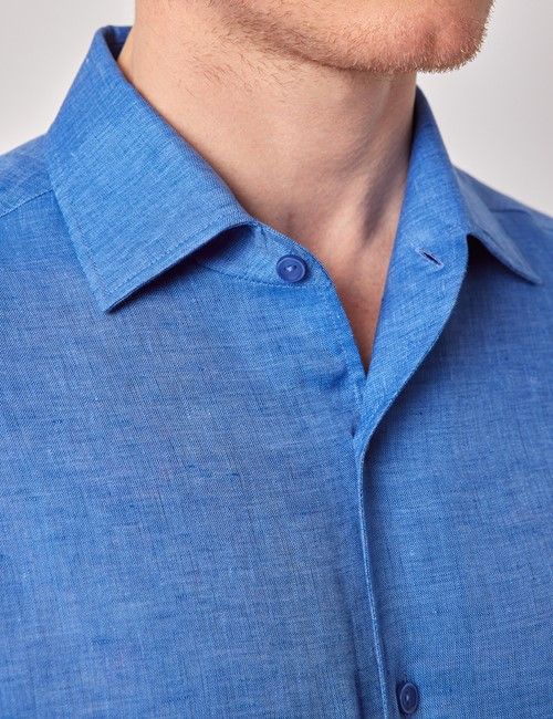 Mid Blue Pure Linen Slim Shirt - One Piece Collar - Full Cutaway-preview