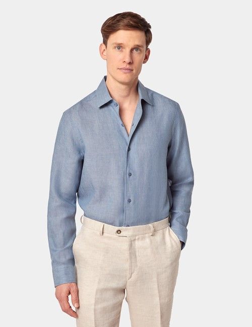 Sea Blue Pure Linen Slim Shirt - One Piece Collar - Full Cutaway