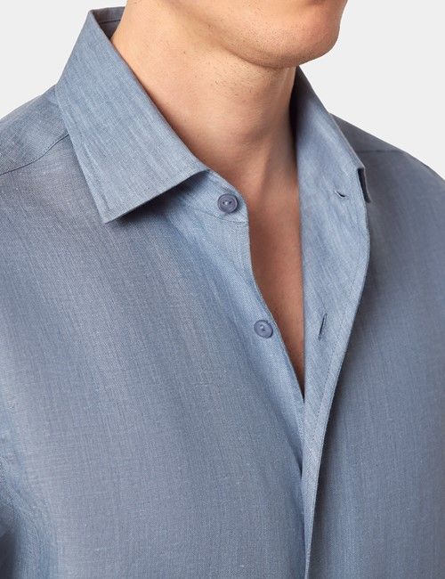 Sea Blue Pure Linen Slim Shirt - One Piece Collar - Full Cutaway-preview