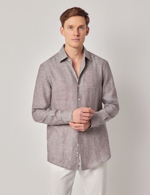 Brown Pure Linen Slim Shirt - One Piece Collar - Full Cutaway