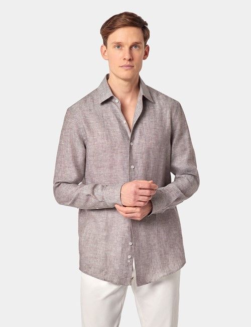 Brown Pure Linen Slim Shirt - One Piece Collar - Full Cutaway