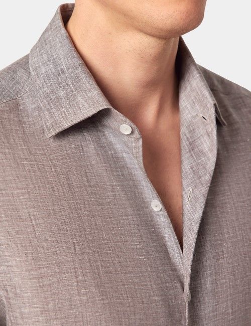Brown Pure Linen Slim Shirt - One Piece Collar - Full Cutaway-preview