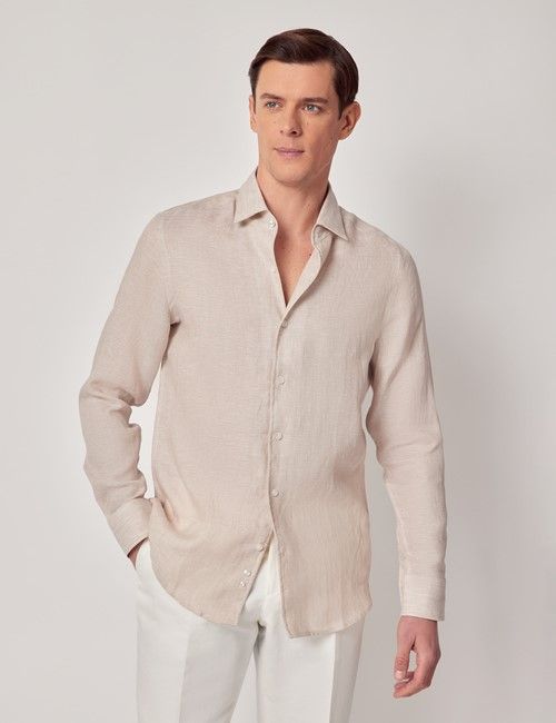Natural Pure Linen Slim Shirt - One Piece Collar - Full Cutaway