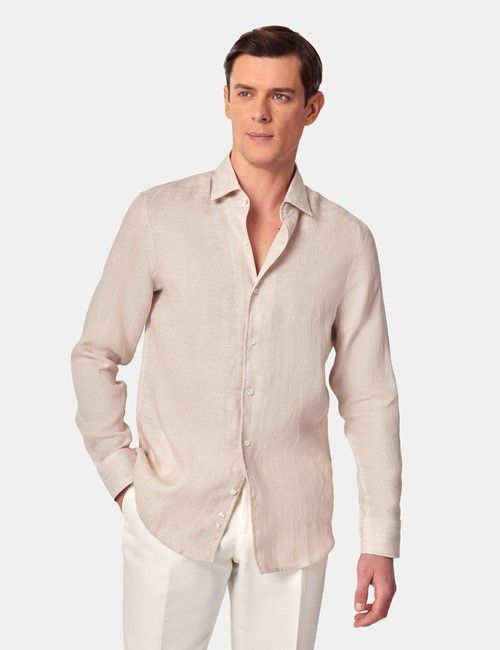 Natural Pure Linen Slim Shirt - One Piece Collar - Full Cutaway
