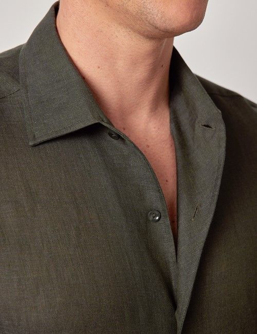 Dark Green Pure Linen Slim Shirt - One Piece Collar - Full Cutaway-preview