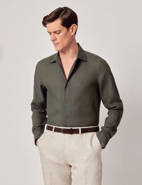 Dark Green Pure Linen Slim Shirt - One Piece Collar - Full Cutaway