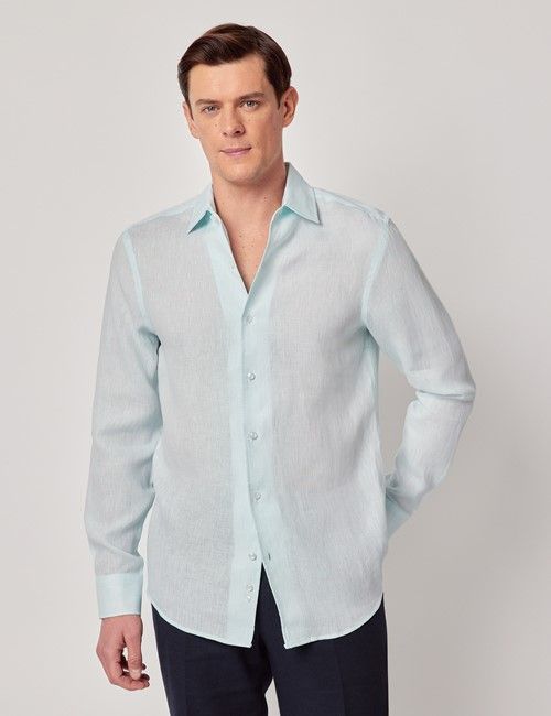Mint Linen Slim Shirt  - One Piece Collar - Full Cutaway