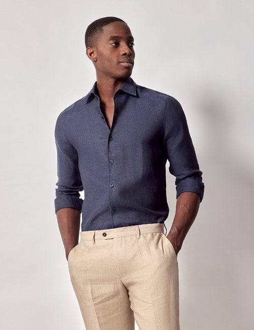 Navy Pure Linen Slim Shirt - One Piece Collar - Full Cutaway